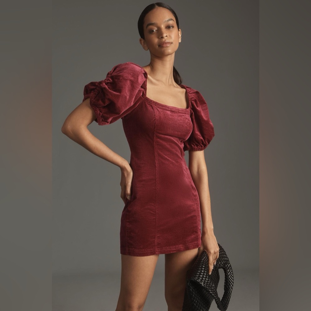Pilcro Puff-Sleeve Square-Neck Corduroy Mini Dress